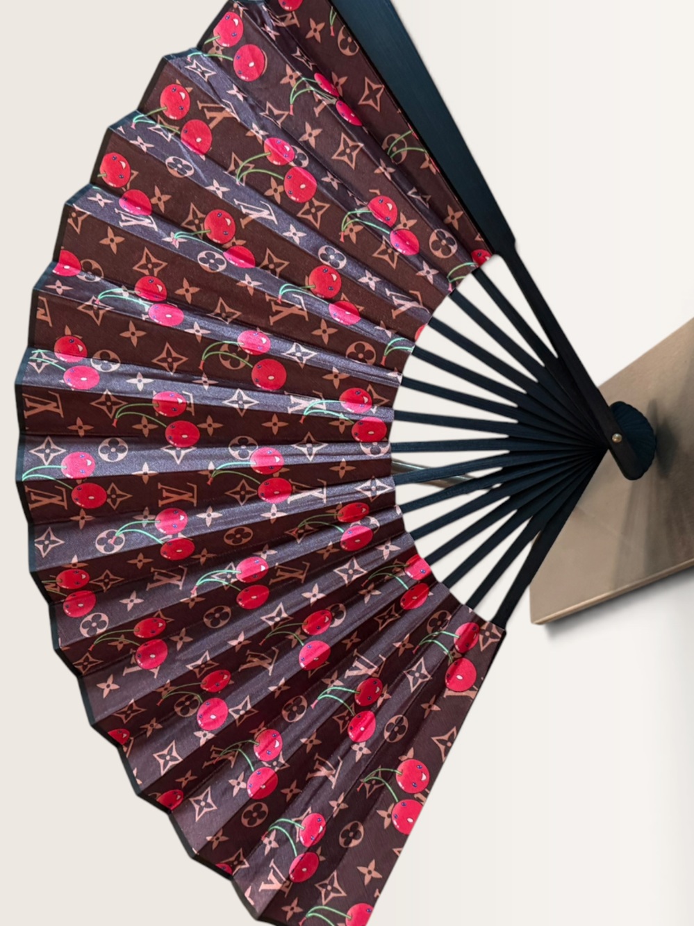 Source Unknown Brown Folding Fan with Red Cherry Pattern